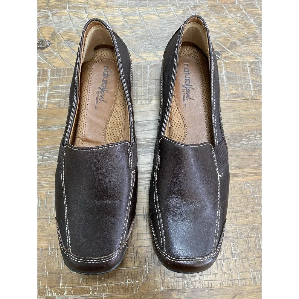 Natural Soul Women's Dark Brown Leather Loafer Comfort Shoes Slip On Size 8M